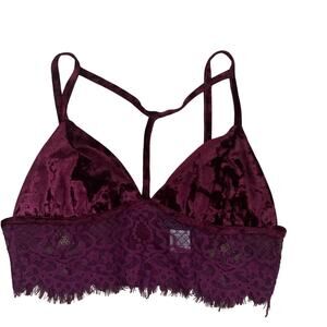 90's Burgundy Velvet Velour Lace Strappy Bralette Size M Sexy Goth Holiday Party